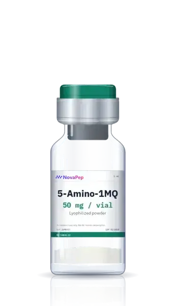 5-Amino-1MQ 50 mg research vial with green flip-off cap and white label