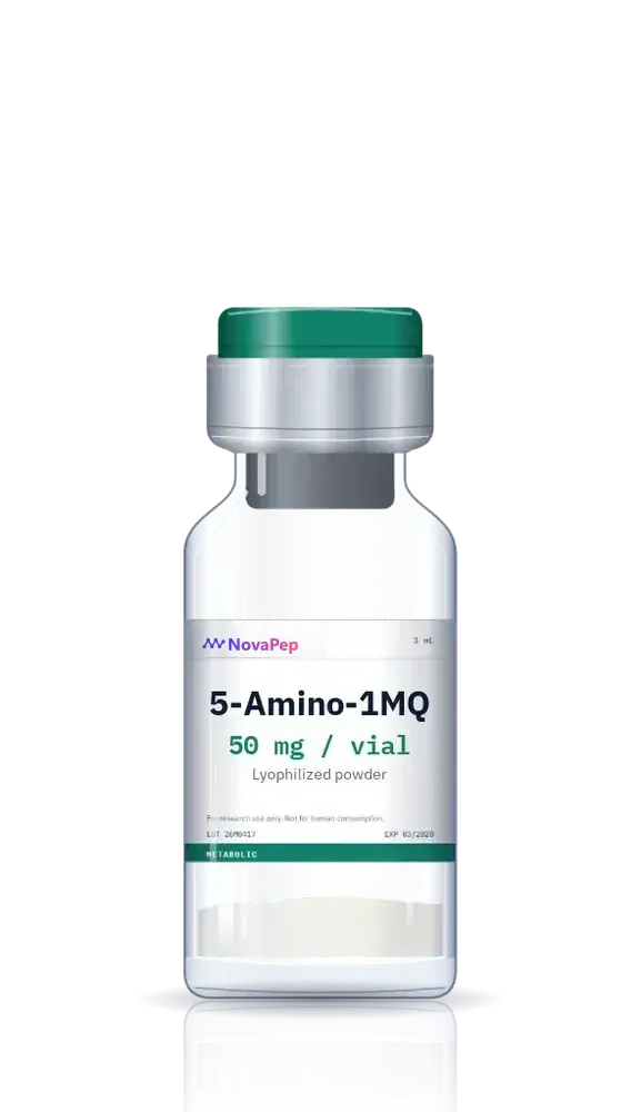 5-Amino-1MQ 50 mg research vial with green flip-off cap and white label