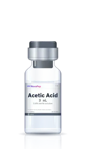 Acetic acid 0.6% sterile solution in a 3 mL clear glass vial with grey flip-off cap and white label