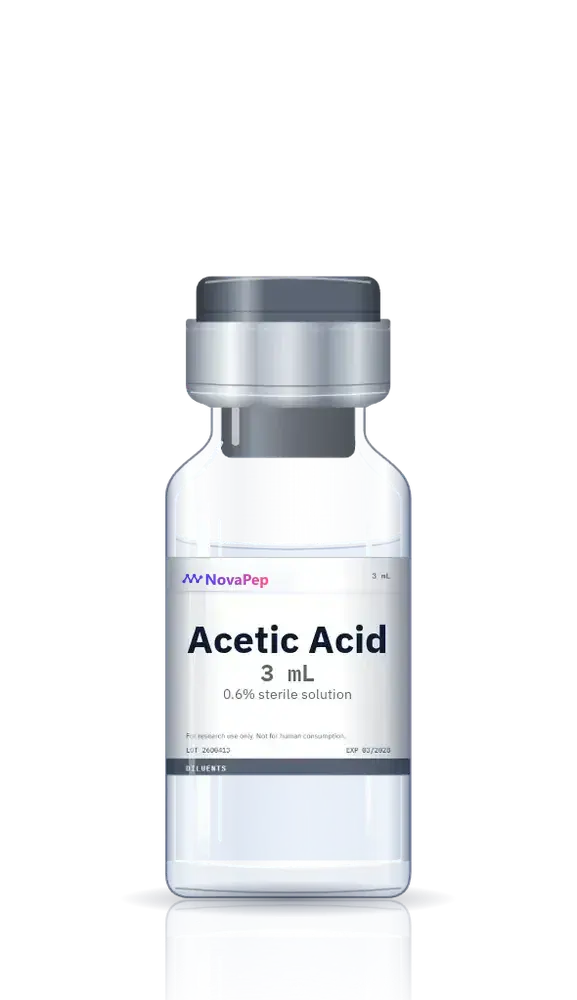 Acetic acid 0.6% sterile solution in a 3 mL clear glass vial with grey flip-off cap and white label