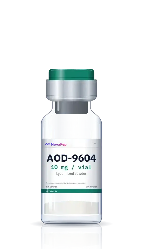 AOD-9604 10 mg lyophilised peptide vial with green flip-off cap and white label