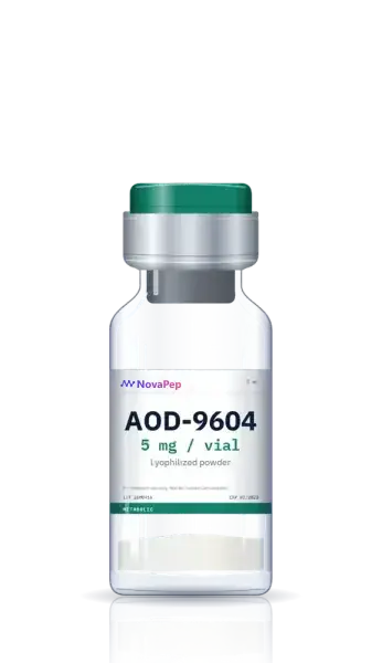 AOD-9604 5 mg lyophilised peptide vial with green flip-off cap and white label
