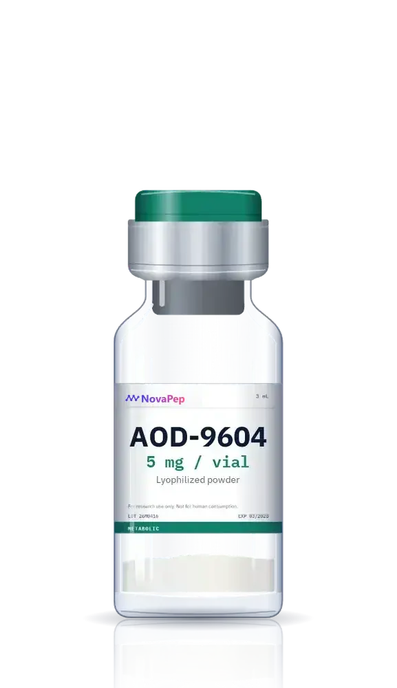 AOD-9604 5 mg lyophilised peptide vial with green flip-off cap and white label