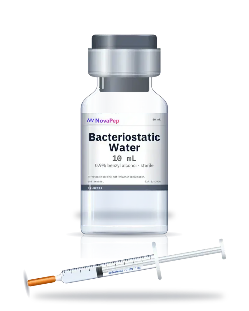 Bacteriostatic water 10 mL glass vial with grey flip-off cap and a U-100 insulin syringe with orange needle cap