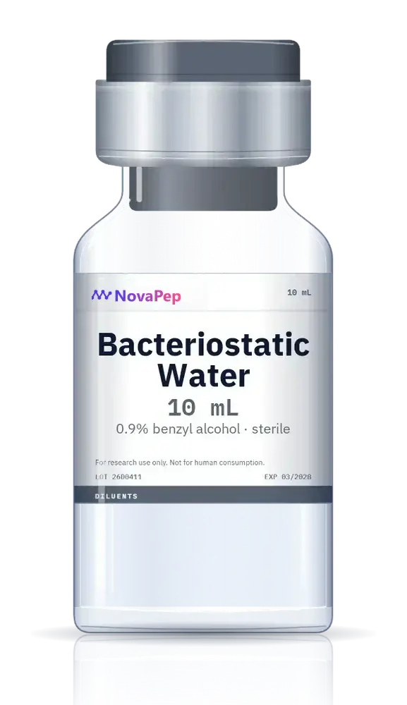 Bacteriostatic water 10 mL clear glass vial with grey flip-off cap and white label