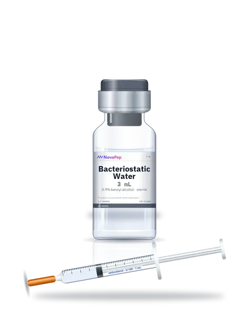 Bacteriostatic water 3 mL glass vial with grey flip-off cap and a U-100 insulin syringe with orange needle cap