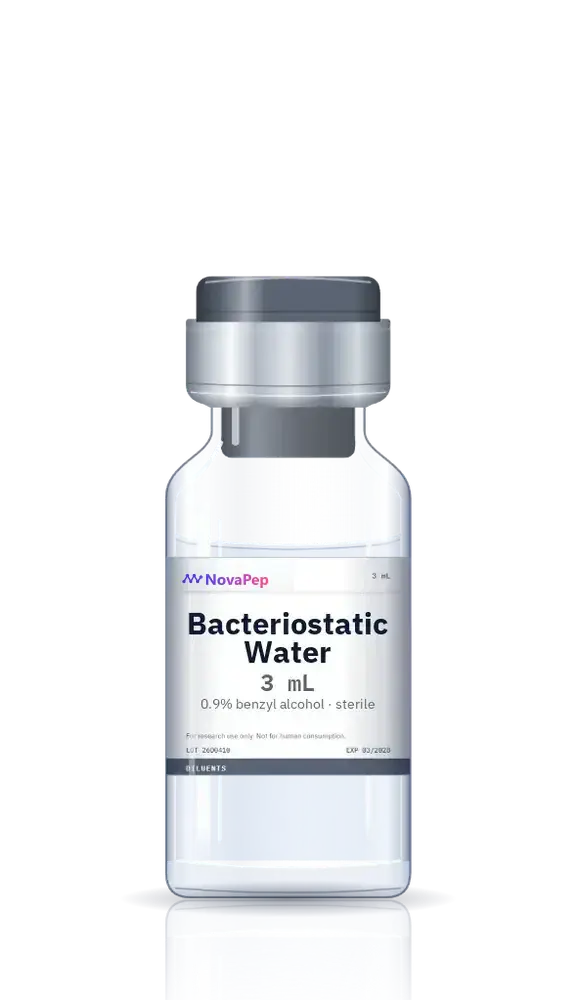 Bacteriostatic water 3 mL clear glass vial with grey flip-off cap and white label