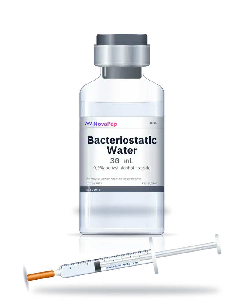 Bacteriostatic water 30 mL glass vial with grey flip-off cap and a U-100 insulin syringe with orange needle cap