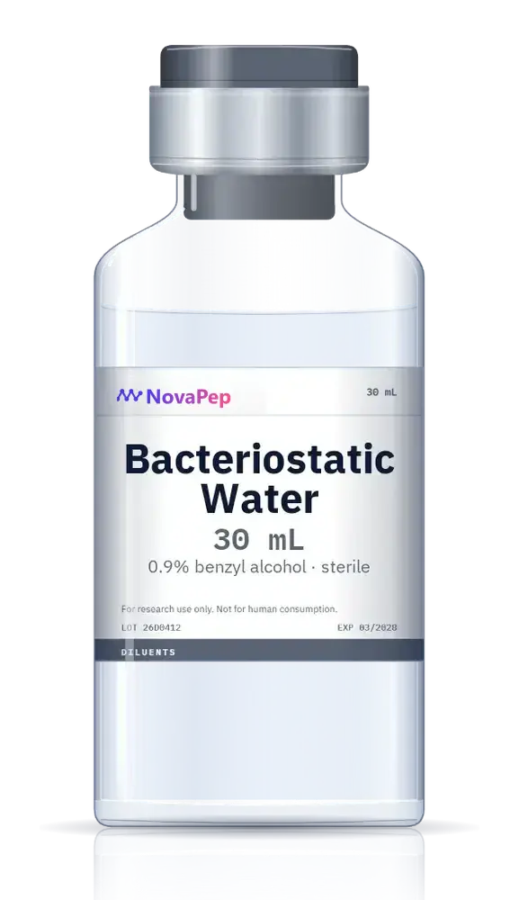 Bacteriostatic water 30 mL clear glass vial with grey flip-off cap and white label