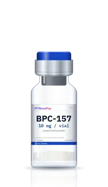 BPC-157 10 mg lyophilised peptide vial with blue flip-off cap and white label