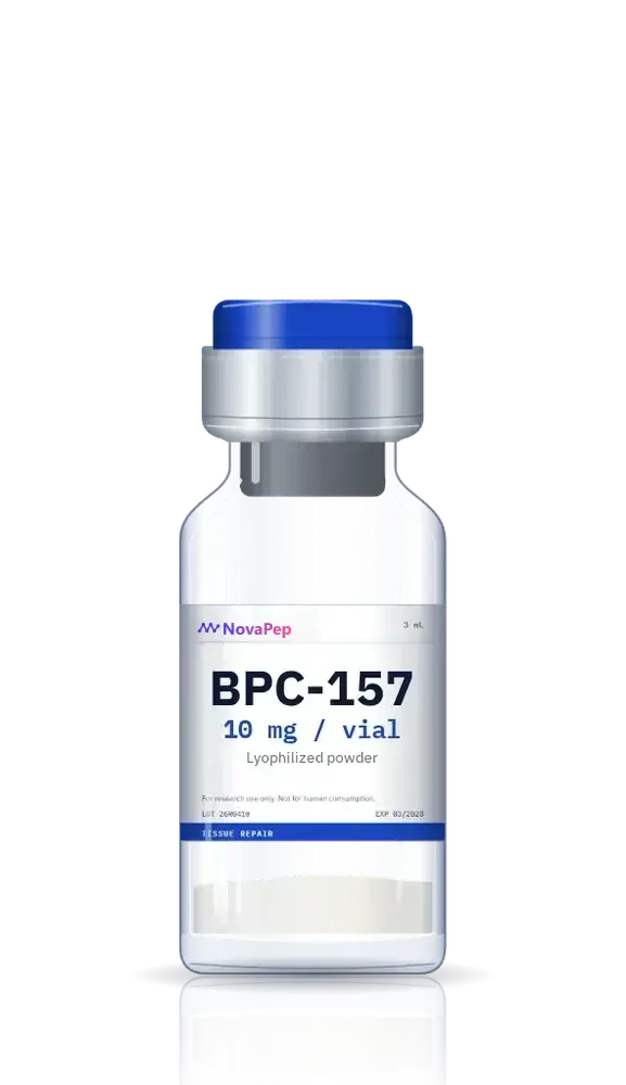 BPC-157 10 mg lyophilised research peptide vial with blue cap and NovaPep label