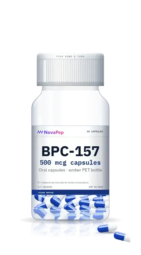 BPC-157 500 mcg capsule bottle, 60 capsules, with white child-resistant cap and blue and white capsules in front