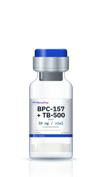 BPC-157 and TB-500 blend 10 mg lyophilised peptide vial with blue flip-off cap and white label