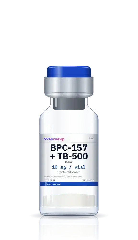 BPC-157 and TB-500 blend 10 mg lyophilised peptide vial with blue flip-off cap and white label