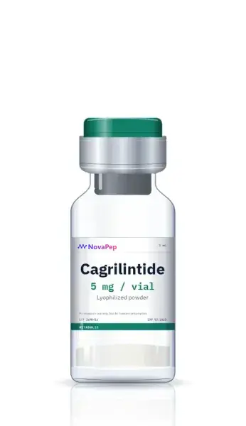 Cagrilintide 5 mg lyophilised peptide vial with green flip-off cap and white NovaPep label