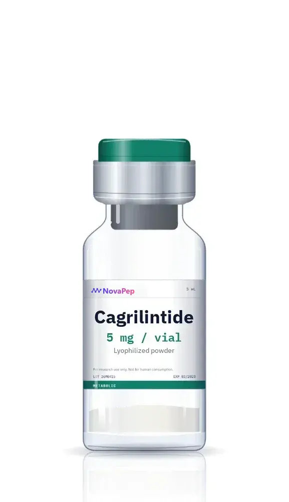 Cagrilintide 5 mg lyophilised peptide vial with green flip-off cap and white NovaPep label