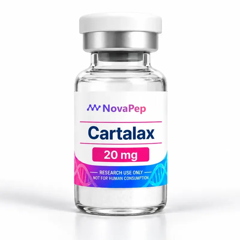 Cartalax 20 mg lyophilised peptide vial with white cap and pink and blue label