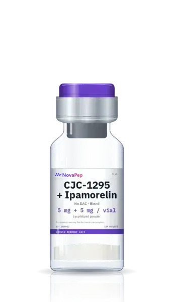 CJC-1295 and ipamorelin blend 10 mg lyophilised peptide vial with purple flip-off cap and white label