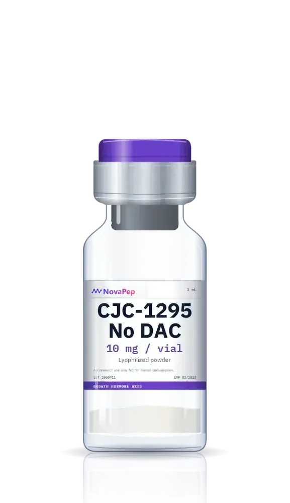 CJC-1295 No DAC 10 mg lyophilised peptide vial with purple flip-off cap and white label