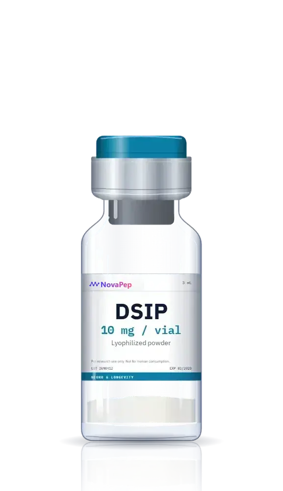 DSIP 10 mg lyophilised peptide vial with teal flip-off cap and white label