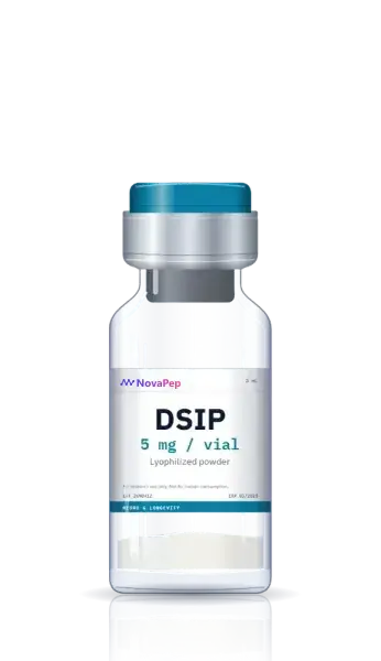 DSIP 5 mg lyophilised peptide vial with teal flip-off cap and white label