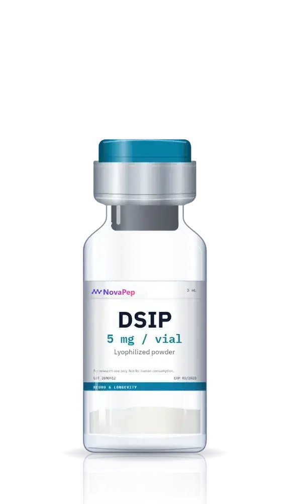 DSIP 5 mg lyophilised peptide vial with teal flip-off cap and white label