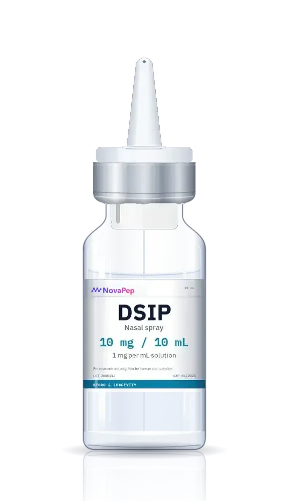 DSIP 10 mL nasal spray bottle with white pump actuator, silver collar and white label