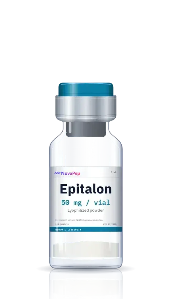 Epitalon 50 mg lyophilised peptide vial with teal flip-off cap and white label