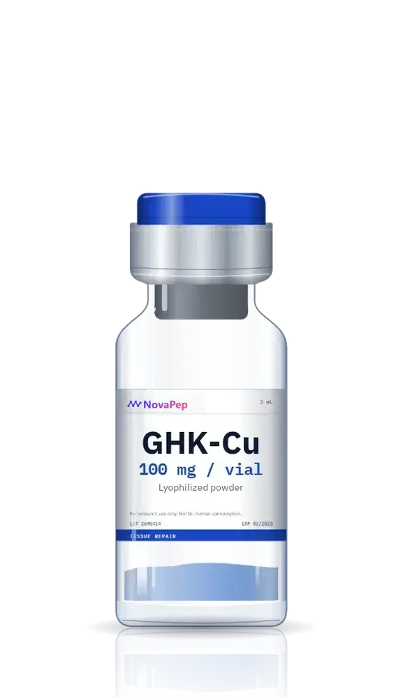 GHK-Cu 100 mg vial of blue lyophilised copper peptide powder with blue flip-off cap and white label