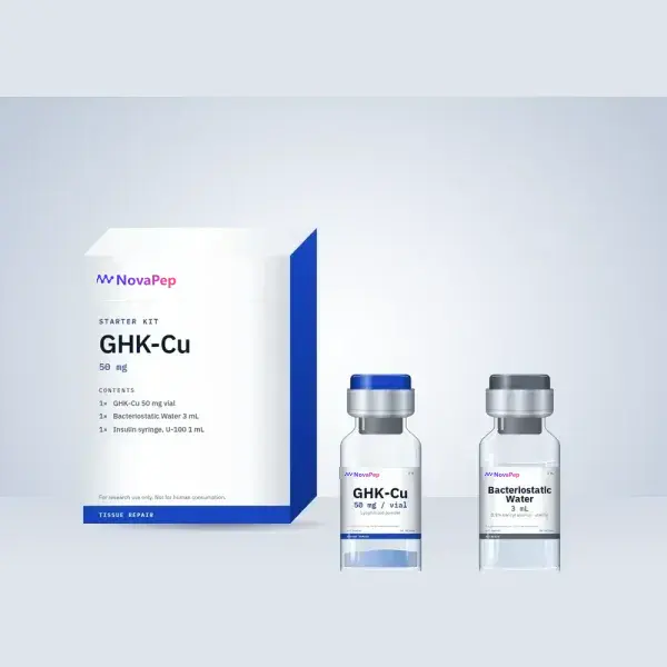 NovaPep GHK-Cu Starter Kit carton beside a blue-powder GHK-Cu 50 mg vial and a 3 mL bacteriostatic water vial