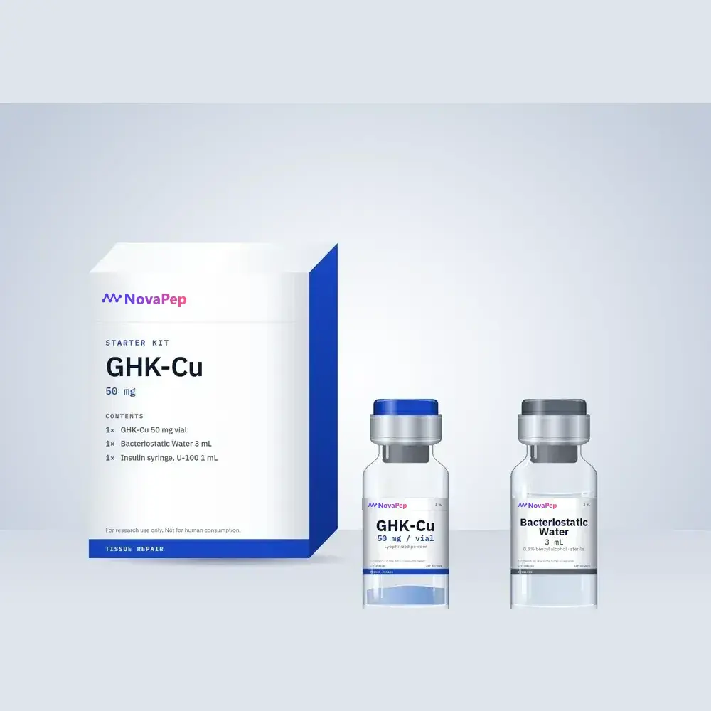 NovaPep GHK-Cu Starter Kit carton beside a blue-powder GHK-Cu 50 mg vial and a 3 mL bacteriostatic water vial