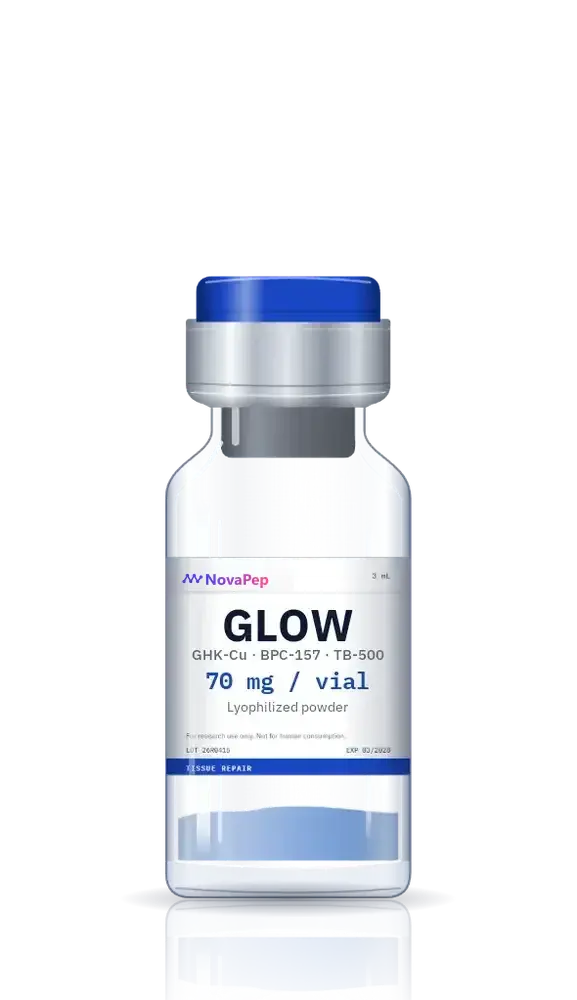 GLOW 70 mg blend vial of blue lyophilised peptide powder with blue flip-off cap and white label