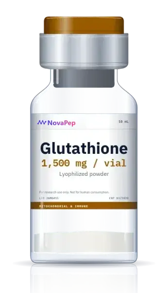 Glutathione 1,500 mg freeze-dried powder in a 10 mL glass vial with amber flip-off cap and white label