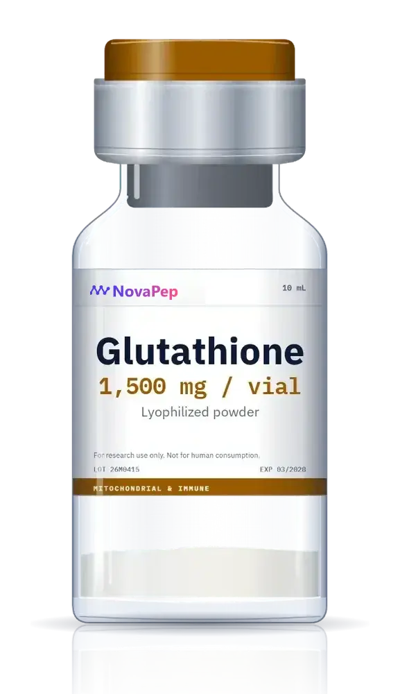 Glutathione 1,500 mg freeze-dried powder in a 10 mL glass vial with amber flip-off cap and white label