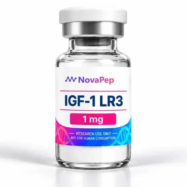 IGF-1 LR3 1 mg lyophilised peptide vial with white cap and pink and blue label