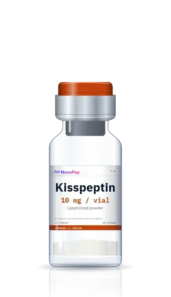 Kisspeptin 10 mg lyophilised peptide vial with orange flip-off cap and white label