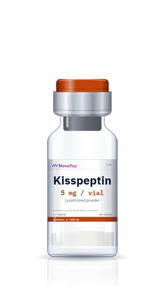 Kisspeptin 5 mg lyophilised peptide vial with orange flip-off cap and white label