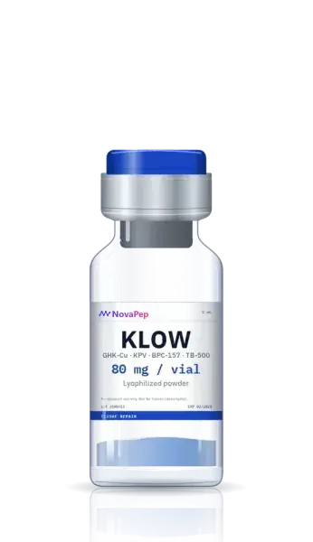 KLOW 80 mg blend vial of blue lyophilised peptide powder with blue flip-off cap and white label