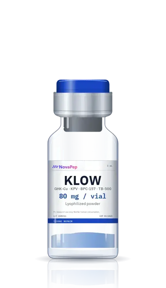 KLOW 80 mg blend vial of blue lyophilised peptide powder with blue flip-off cap and white label