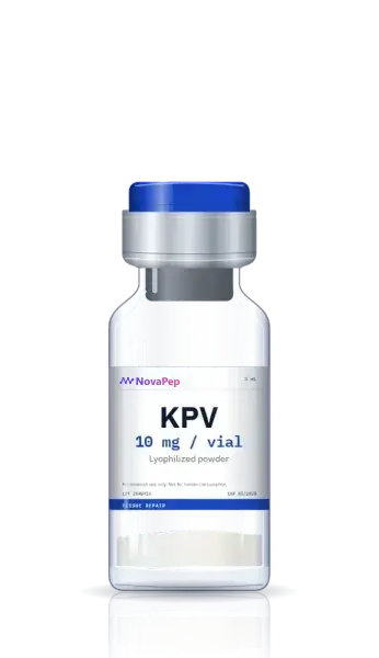 KPV 10 mg lyophilised peptide vial with blue flip-off cap and white label