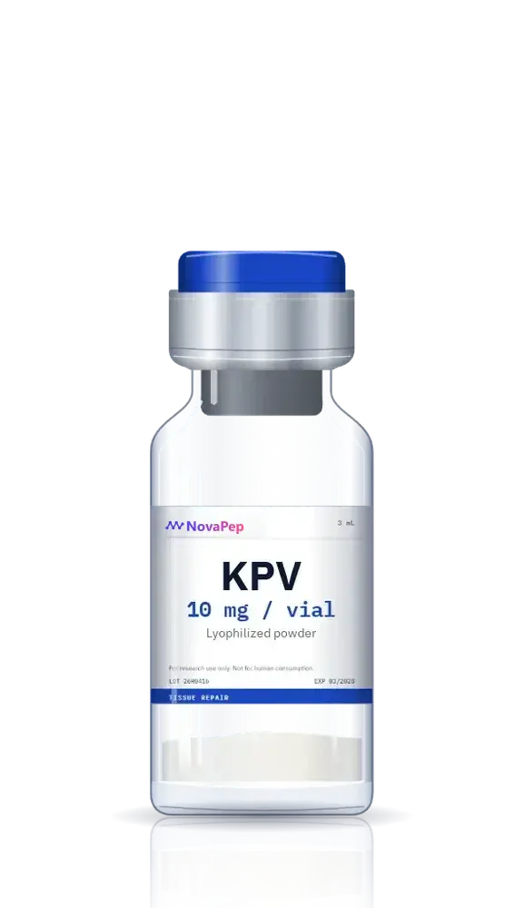 KPV 10 mg lyophilised peptide vial with blue flip-off cap and white label