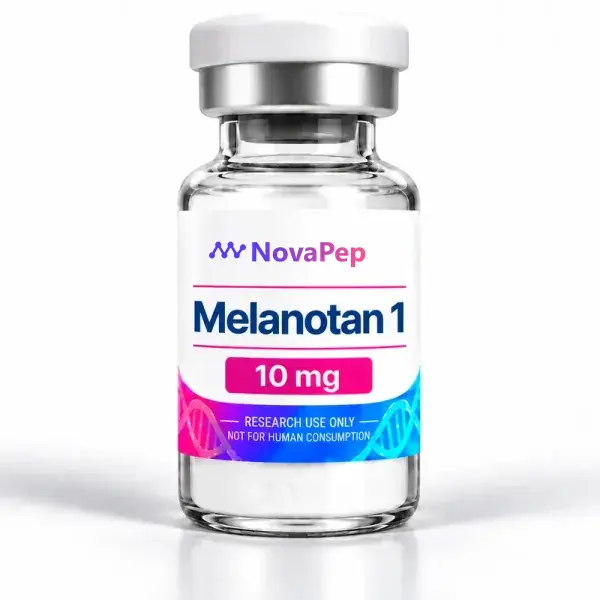 Melanotan 1 10 mg lyophilised peptide vial with white cap and pink and blue label