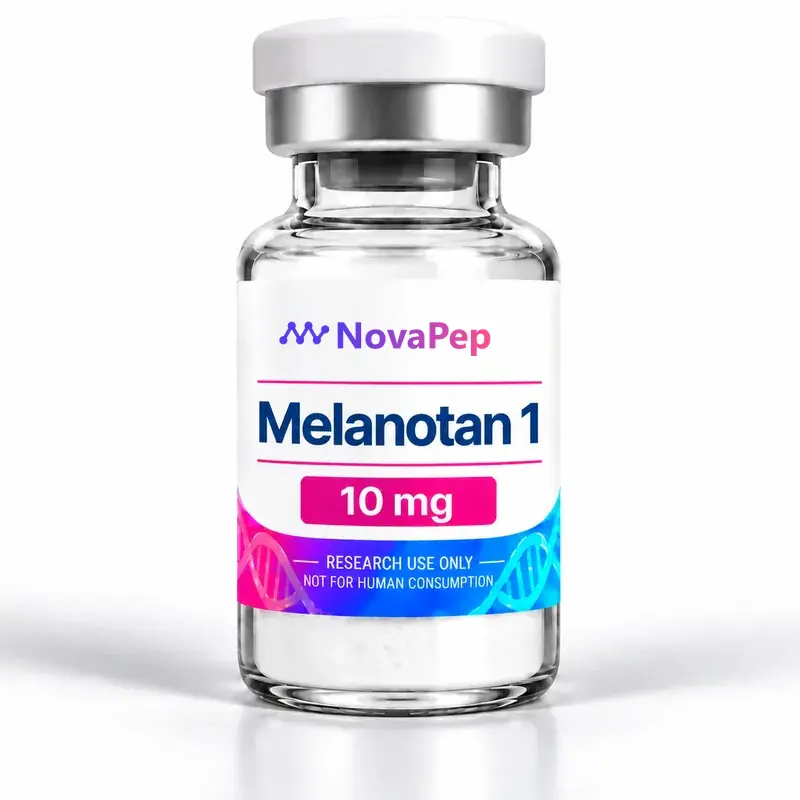 Melanotan 1 10 mg lyophilised peptide vial with white cap and pink and blue label