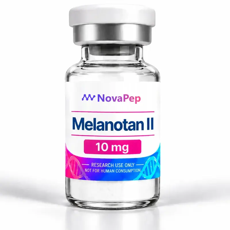Melanotan II 10 mg lyophilised peptide vial with white cap and pink and blue label