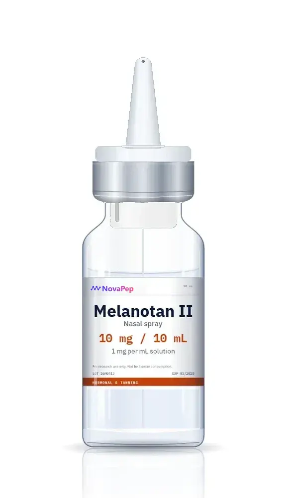 Melanotan II 10 mL nasal spray bottle with white pump actuator, silver collar and white NovaPep label