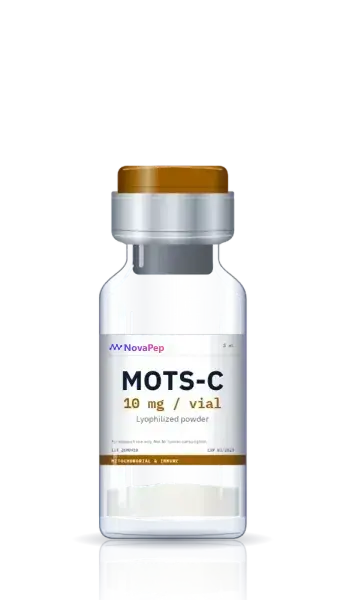 MOTS-C 10 mg lyophilised peptide vial with amber flip-off cap and white label