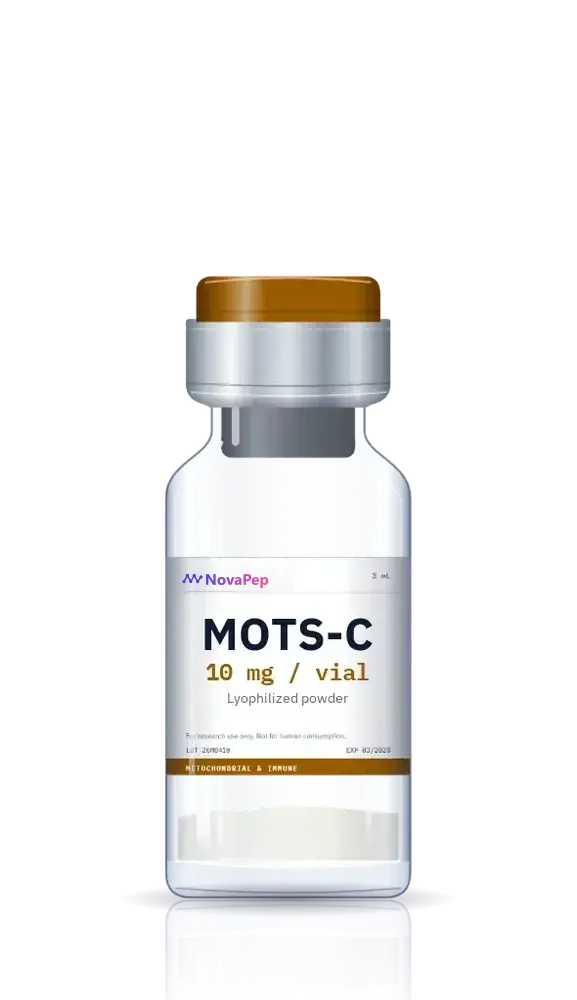 MOTS-C 10 mg lyophilised peptide vial with amber flip-off cap and white label