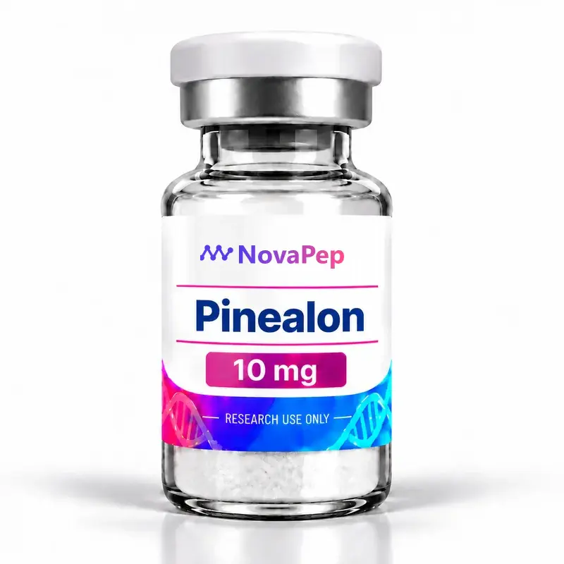 Pinealon 10 mg lyophilised peptide vial with white cap and pink and blue label