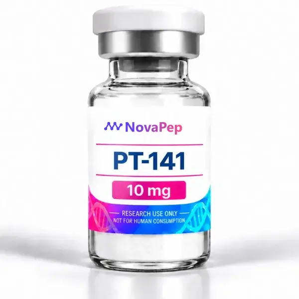 PT-141 10 mg lyophilised peptide vial with white cap and pink and blue label
