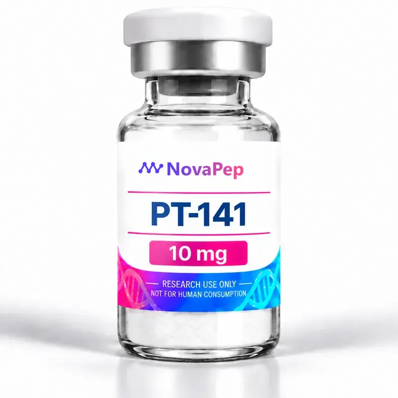 PT-141 10 mg lyophilised peptide vial with white cap and pink and blue label